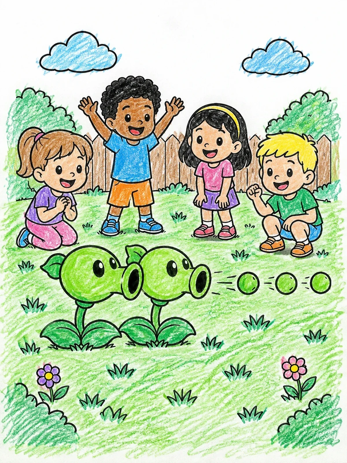 Colored example of the Twin Pea Shooters And Cheerful Kids coloring page