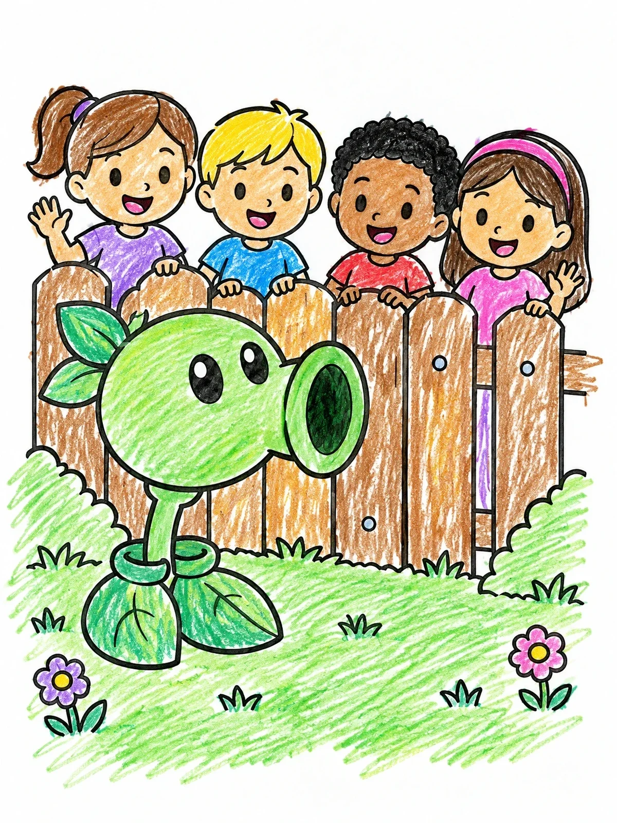 Colored example of the Peashooter Plant And Cheerful Children coloring page