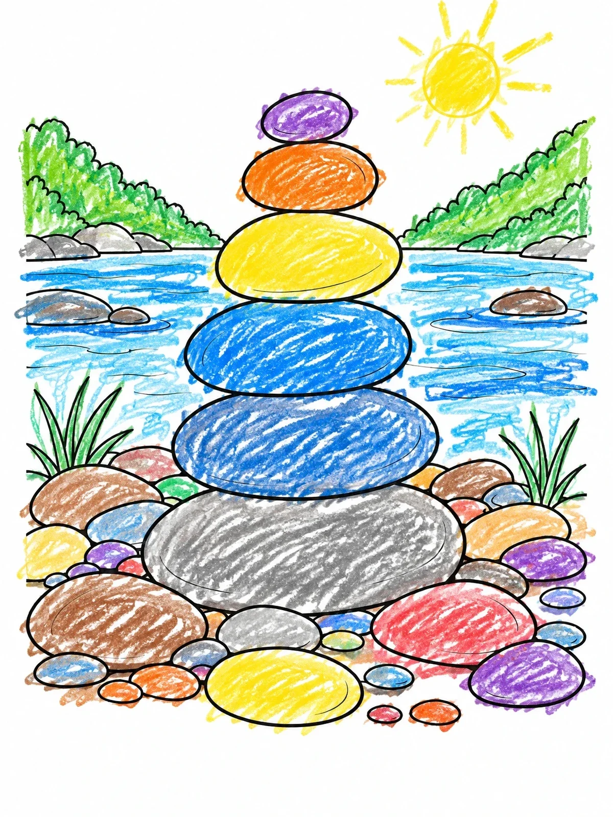 Colored example of the Balanced River Pebble Stack coloring page