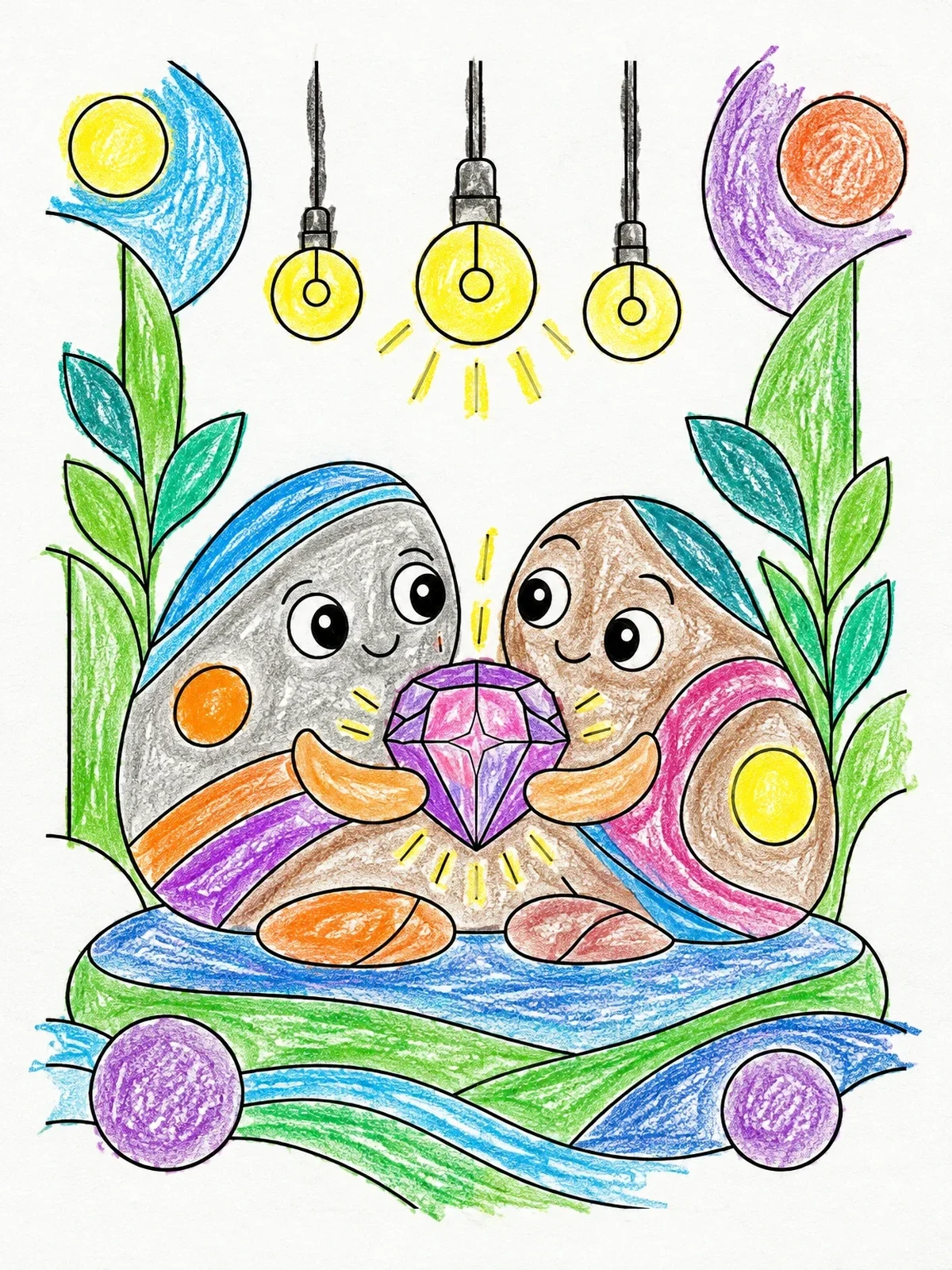 Colored example of the Pebble Friends With A Glowing Gem coloring page