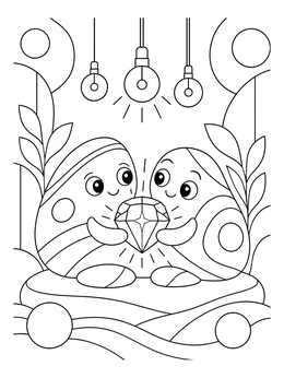 Cute cartoon rock creatures holding a shining gem on this pebbles coloring page.