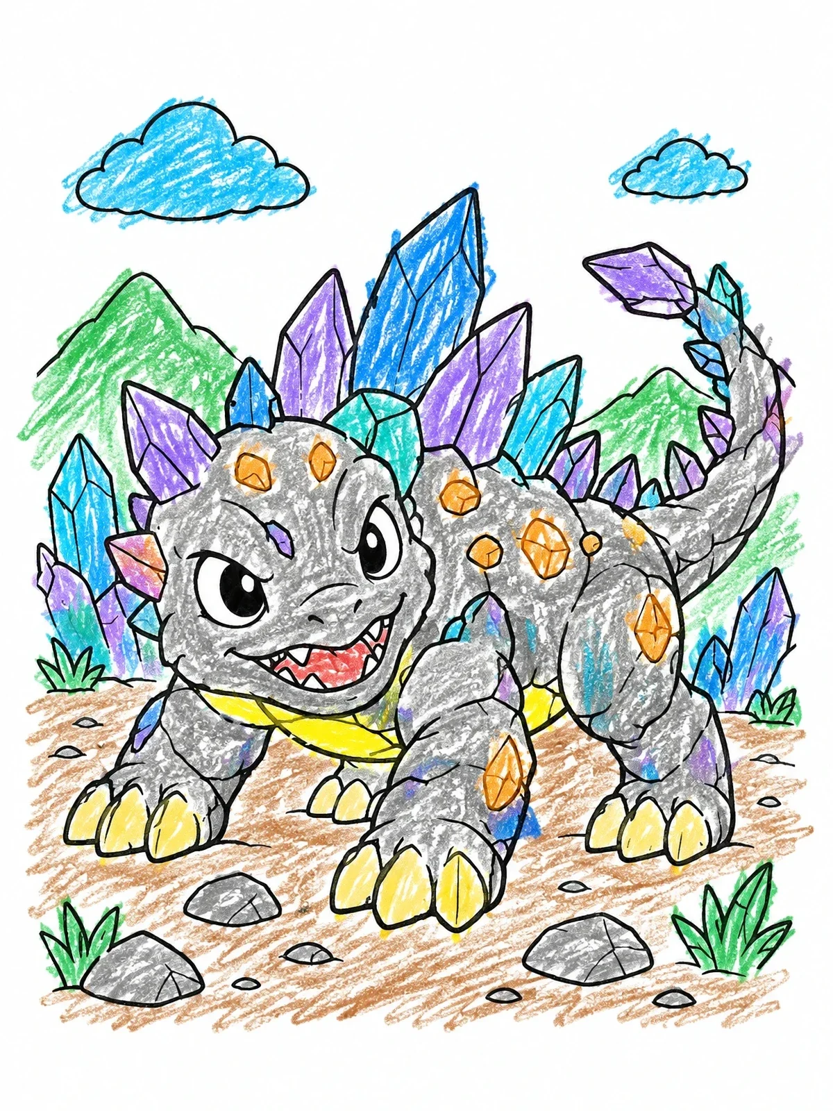 Colored example of the Playful Crystal Rock Creature coloring page