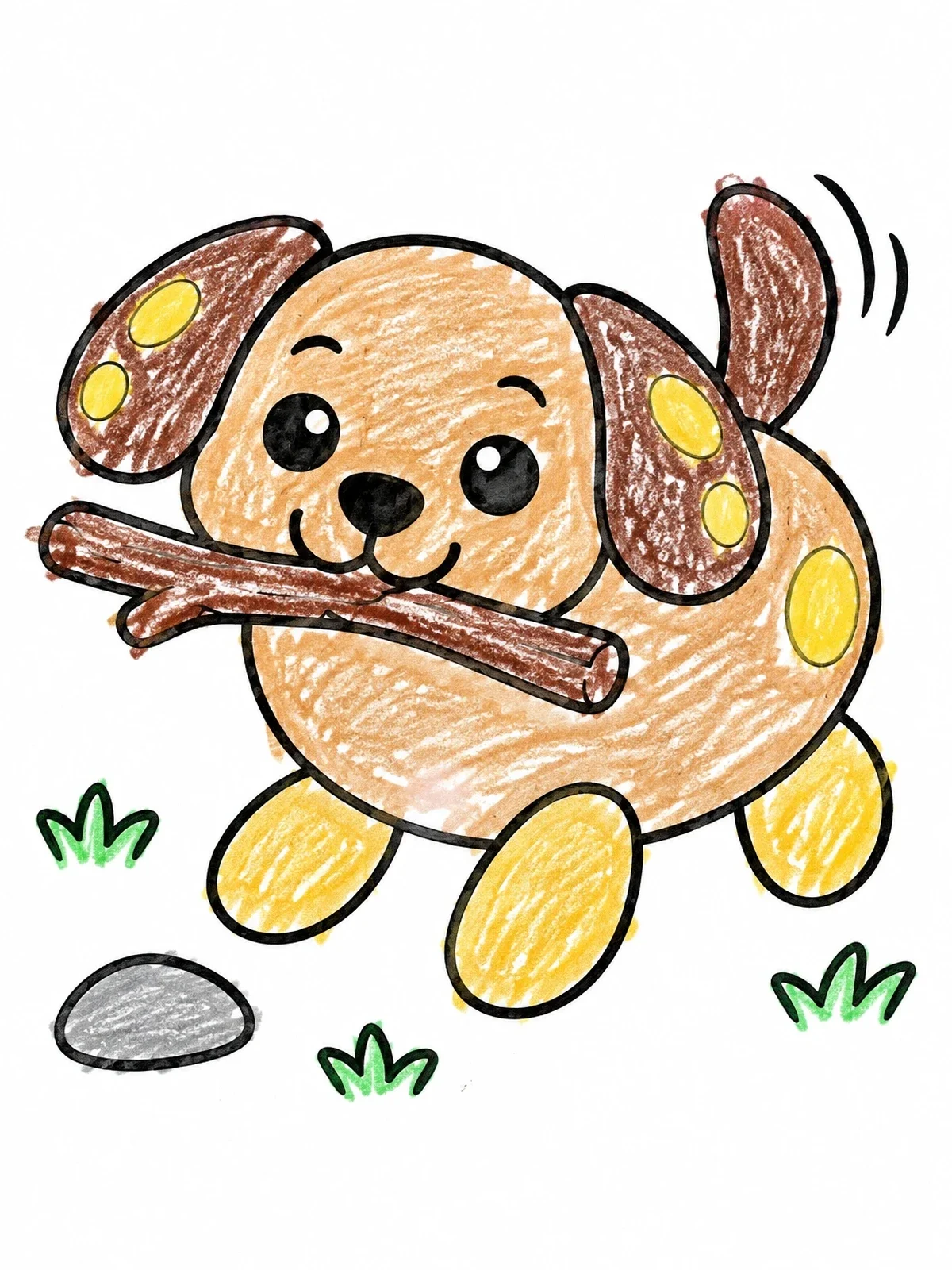 Colored example of the Playful Pebble Puppy With Stick coloring page