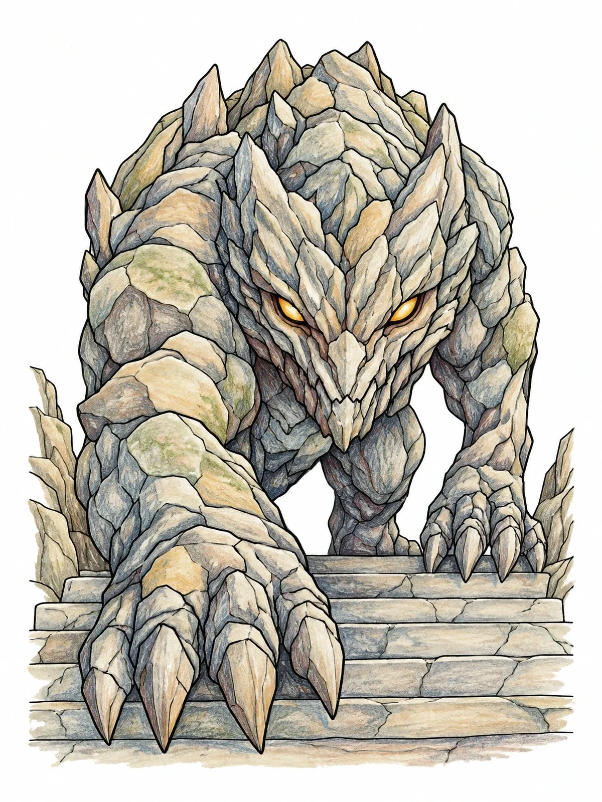 Colored example of the Stony Rock Beast On Ancient Steps coloring page