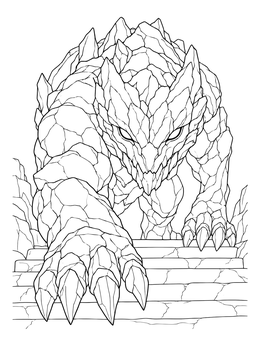 A powerful stone monster prowls down steps in this river pebbles coloring page.