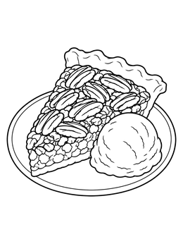 A delicious slice of pecan pie coloring page served on a plate with a scoop of ice cream.
