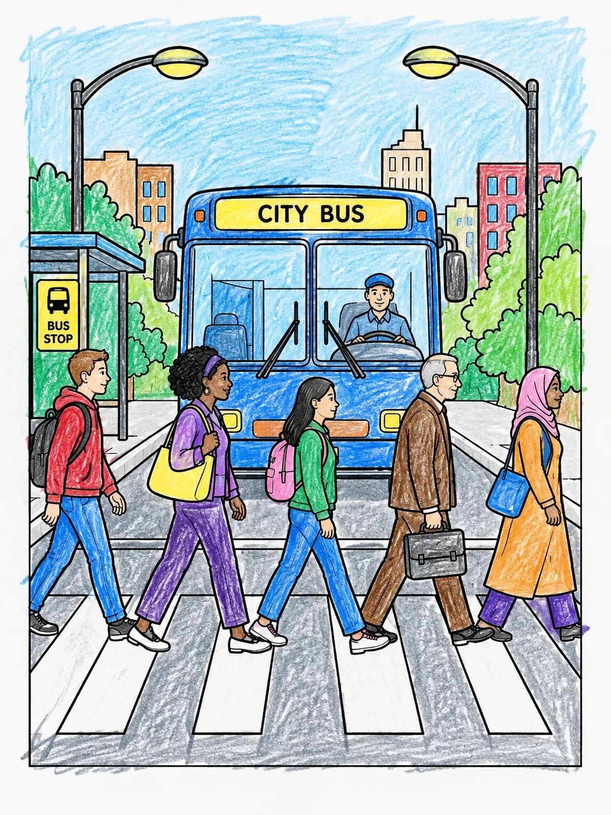 Colored example of the Pedestrians On A City Crosswalk coloring page