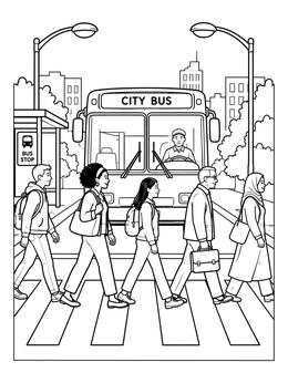 Pedestrians walking across the street in this city coloring page with a bus waiting.