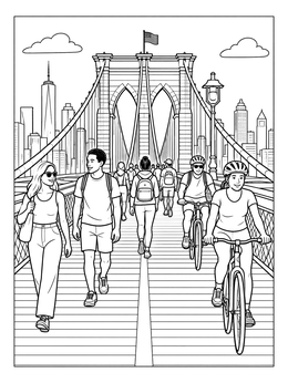 Pedestrians and cyclists enjoy a sunny day on this Brooklyn Bridge coloring page with city skyline.