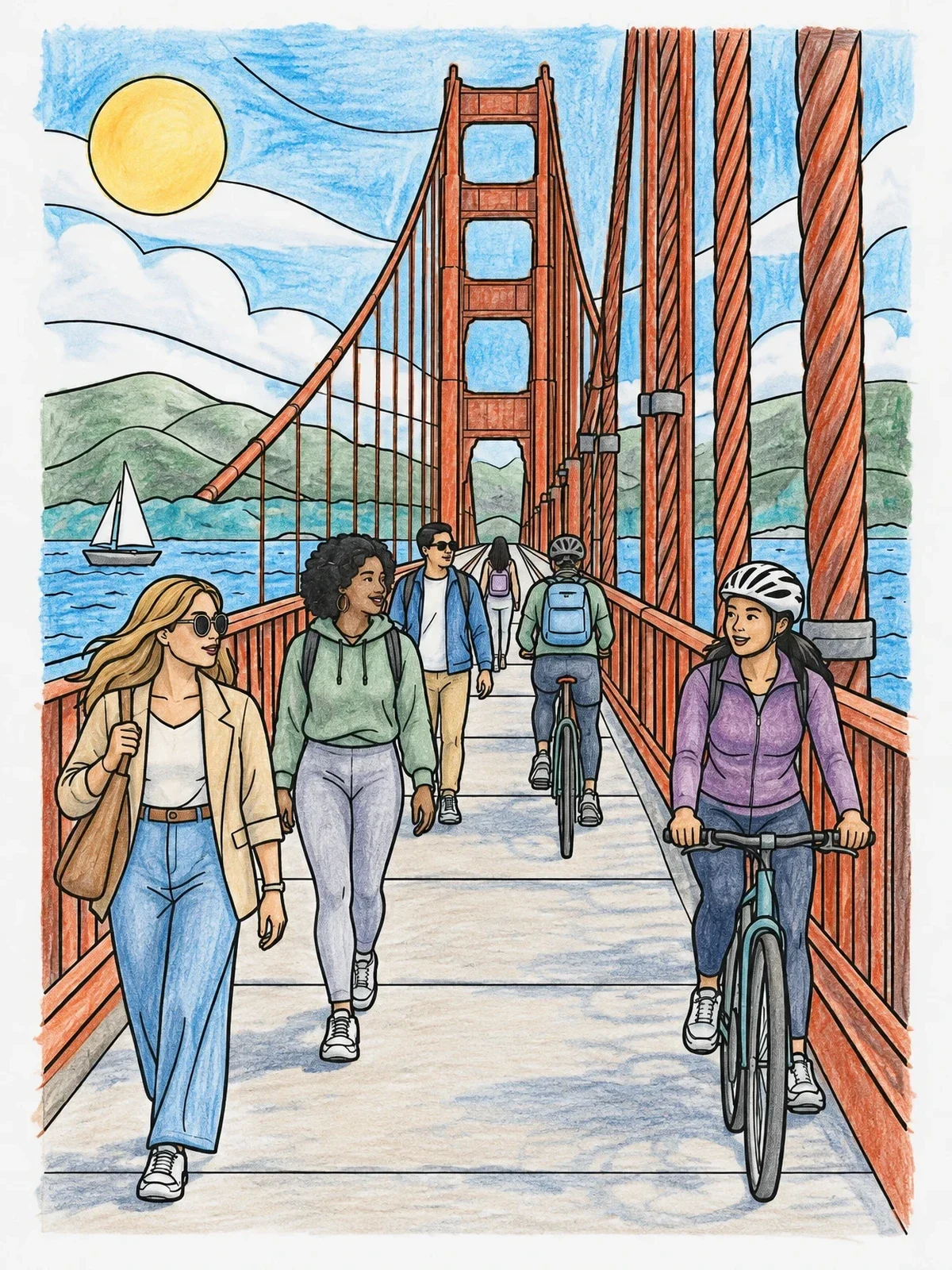 Colored example of the Pedestrians And Cyclists On The Bridge coloring page