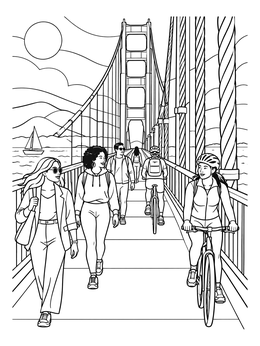 Pedestrians and cyclists enjoy a sunny day in this detailed golden gate bridge coloring page.