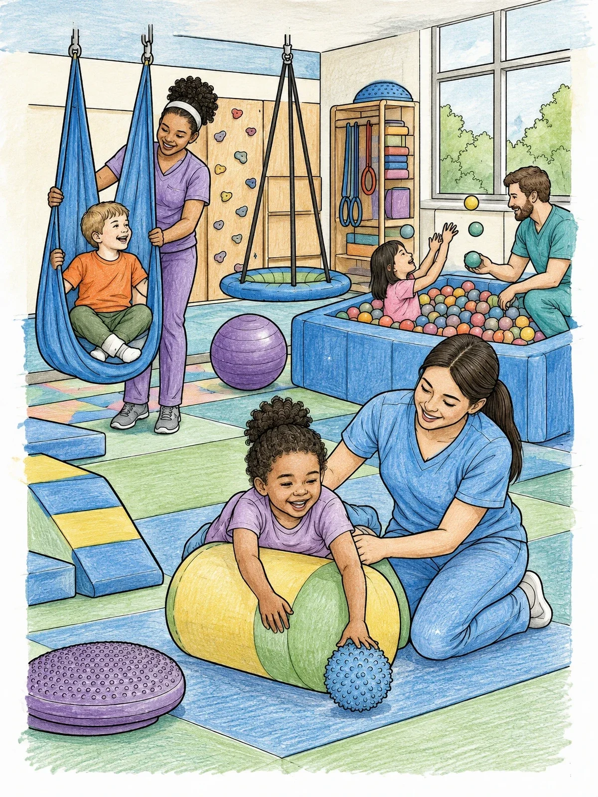 Colored example of the Pediatric Sensory Therapy Gym coloring page