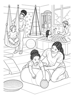 Children and therapists practice motor skills in this detailed occupational therapy coloring page.