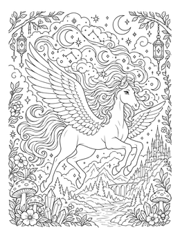 A mythomorphia coloring page featuring a flying pegasus with starry clouds and a fairy-tale castle.