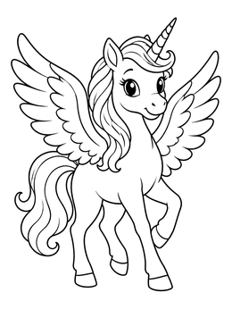 A cheerful winged unicorn poses gracefully in this pegasus coloring page.