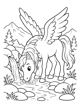 Free printable Pegasus Drinking From Mountain Stream coloring page