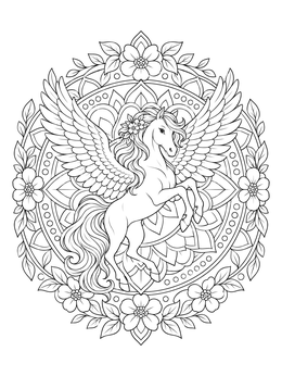 A graceful pegasus coloring page framed by an ornate circular floral mandala.