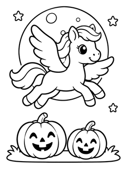 A cute pegasus coloring page soaring in front of the full moon over smiling pumpkins.