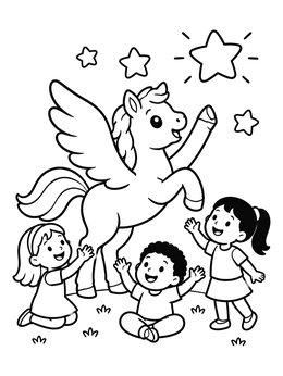 A cute pegasus coloring page with a flying foal reaching for stars above happy kids.