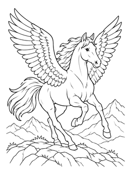 A majestic pegasus coloring page galloping across a rocky mountain ridge.