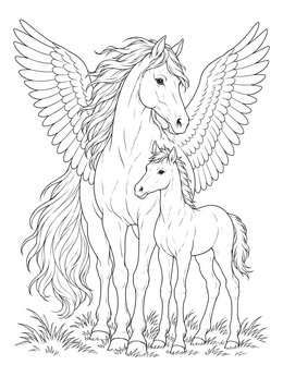 A winged pegasus coloring page featuring a graceful mare protecting her small foal in a field.