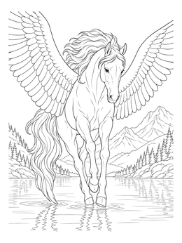 A detailed pegasus coloring page showing a winged horse landing in a mountain lake.