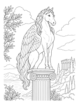 A magnificent pegasus coloring page standing proud atop an ancient stone column.