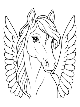 Detailed pegasus coloring page featuring an elegant winged horse portrait with flowing mane.