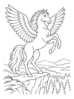 A majestic pegasus coloring page showing the winged horse rearing on a cliff above a forest.