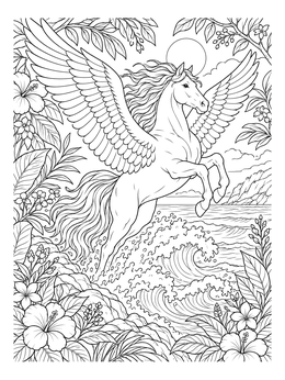A detailed pegasus coloring page featuring a winged horse leaping above crashing ocean waves and tropical flowers.
