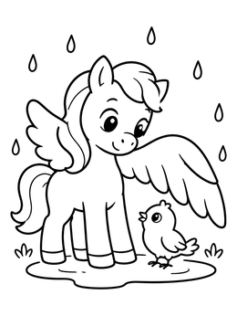 A cute pegasus coloring page showing the winged foal protecting a little bird from falling raindrops.