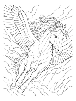 Majestic pegasus coloring page soaring high amid billowy clouds.