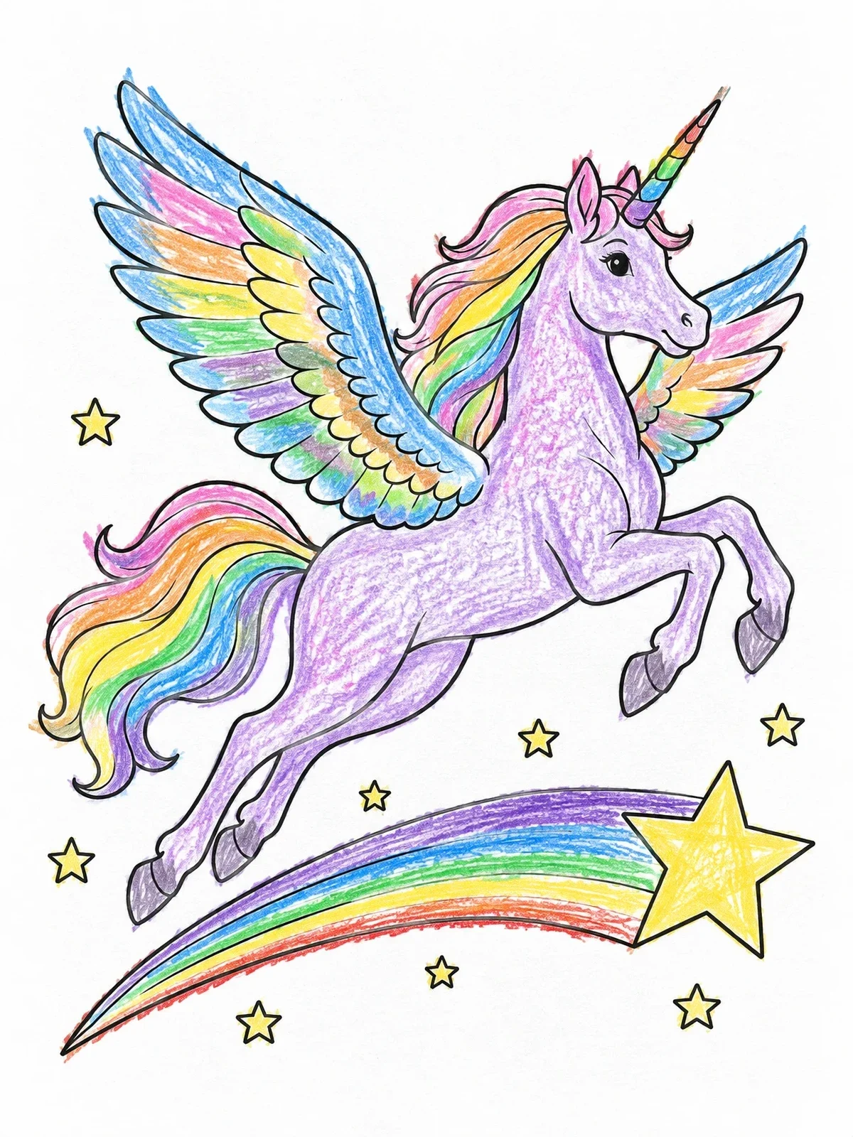 Colored example of the Pegasus Unicorn Leaping Over A Shooting Star coloring page