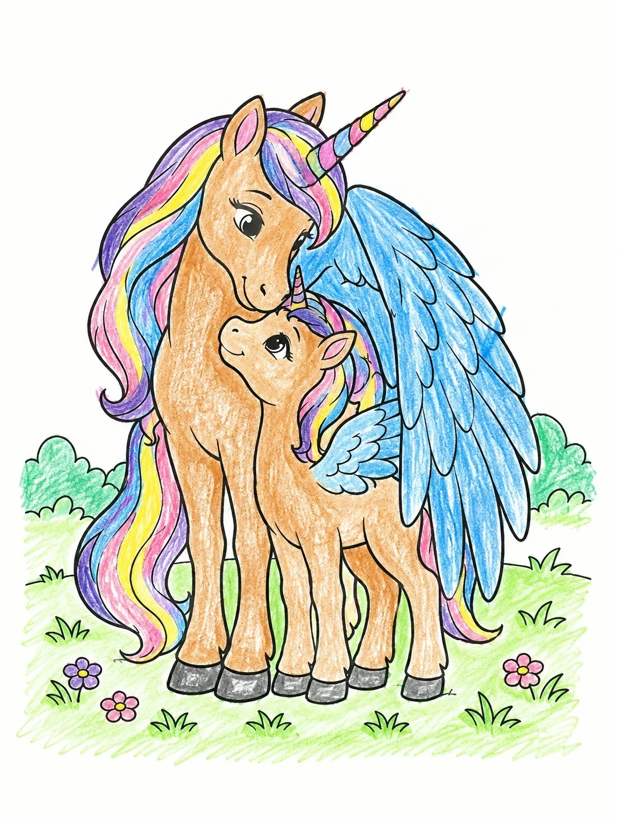 Colored example of the Pegasus Unicorn Mother With Foal coloring page