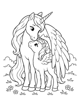 A sweet winged unicorn coloring page featuring a mother nuzzling her cute foal in a meadow.