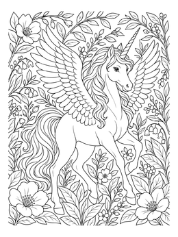 Detailed pegasus coloring page featuring a graceful winged unicorn surrounded by blossoms.