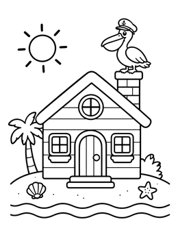 Free printable Pelican Captain On Beach House coloring page