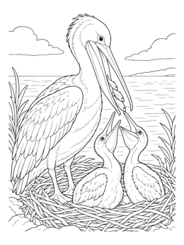 A detailed pelican coloring page showing an adult feeding fish to its hungry chicks in a nest.