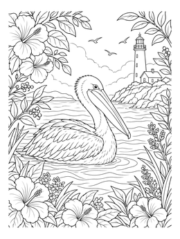 A peaceful pelican coloring page framed by tropical flowers with a coastal lighthouse in the background.
