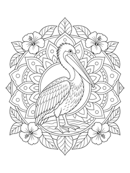 A detailed pelican coloring page framed by hibiscus flowers and a mandala.