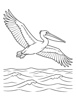 A pelican coloring page showing the seabird gliding with open wings over cresting ocean waves.