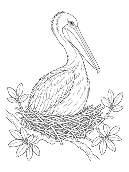 A pelican resting peacefully in a twig nest within a pelican coloring page.