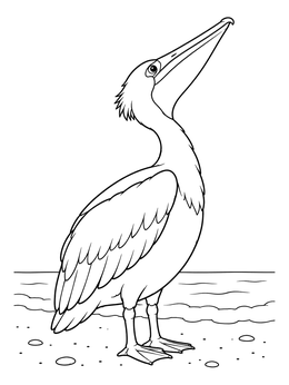 A pelican coloring page showing the seabird standing on a sandy coast looking upward.