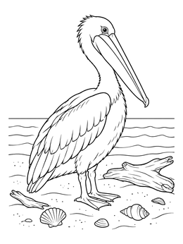 A detailed pelican coloring page standing near seashells and driftwood by the ocean.