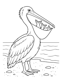 A detailed pelican coloring page standing on a sandy shore with fish inside its beak pouch.