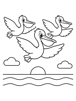 Three pelicans in flight above waves and setting sun on a pelican coloring page.