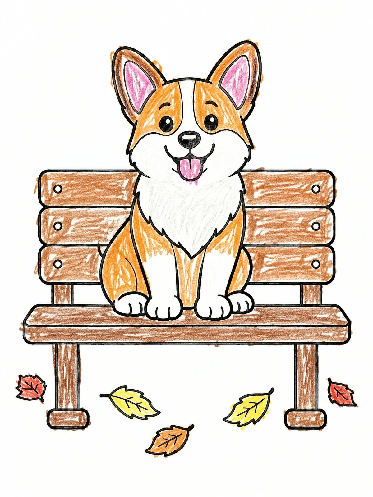 Colored example of the Cute Corgi On Park Bench coloring page