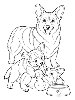 Free printable Pembroke Welsh Corgi Family Playing coloring page