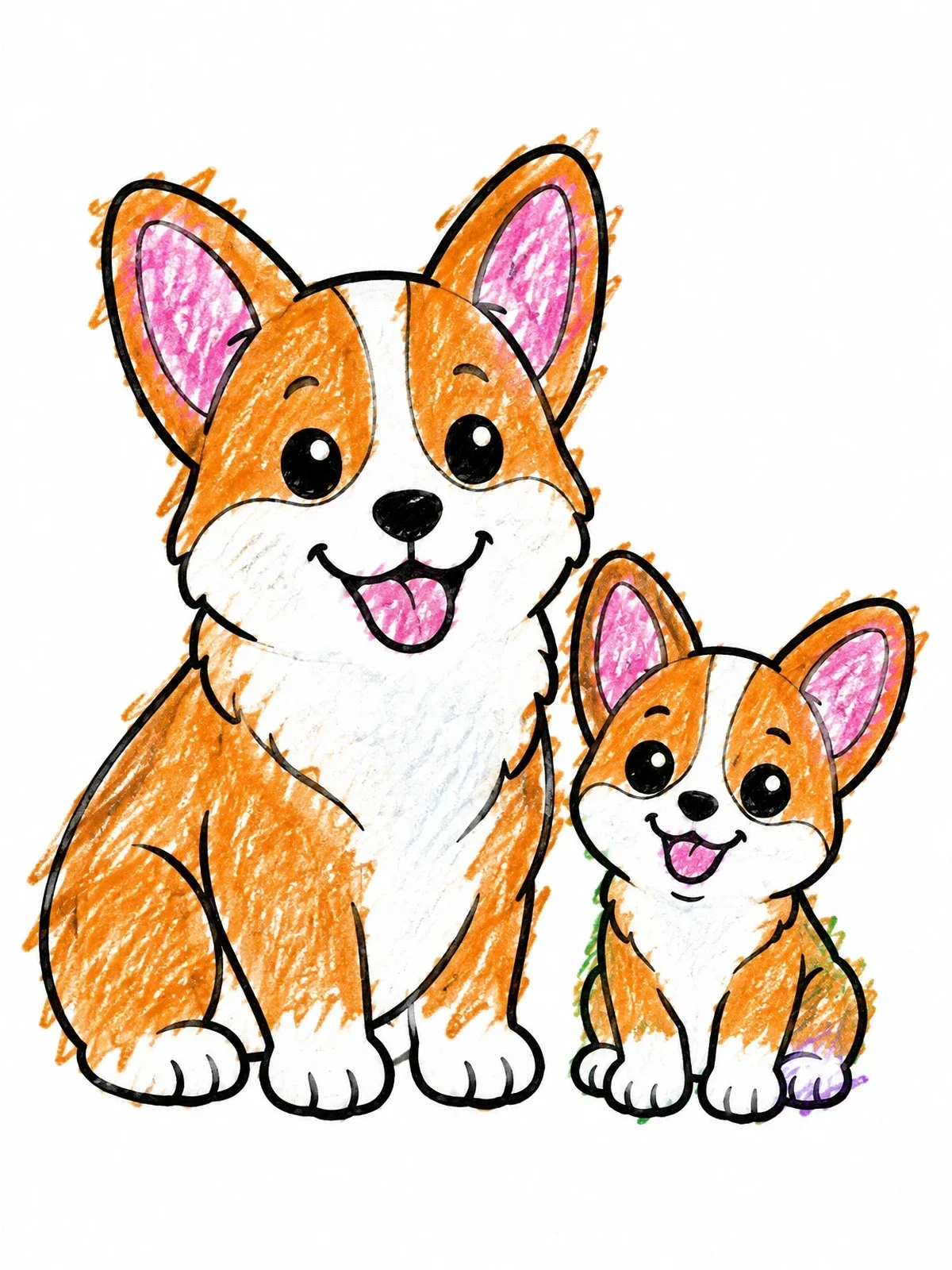 Colored example of the Happy Corgi Dog And Puppy coloring page