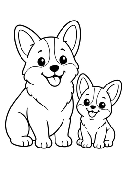 Free printable Happy Corgi Dog And Puppy coloring page